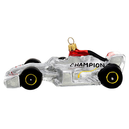 Grand Prix silver car, blown glass Christmas ornaments 1