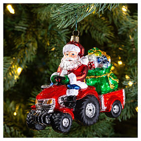 Santa on a tractor, original Christmas tree decoration, blown glass