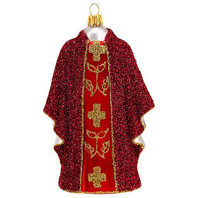 Red priest chasuble, blown glass Christmas ornaments