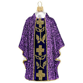 Purple priest chasuble, blown glass Christmas ornaments