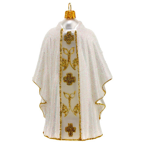 White priest chasuble, blown glass Christmas ornaments 1