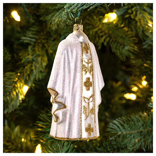 White priest chasuble, blown glass Christmas ornaments 2