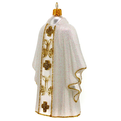 White priest chasuble, blown glass Christmas ornaments 3