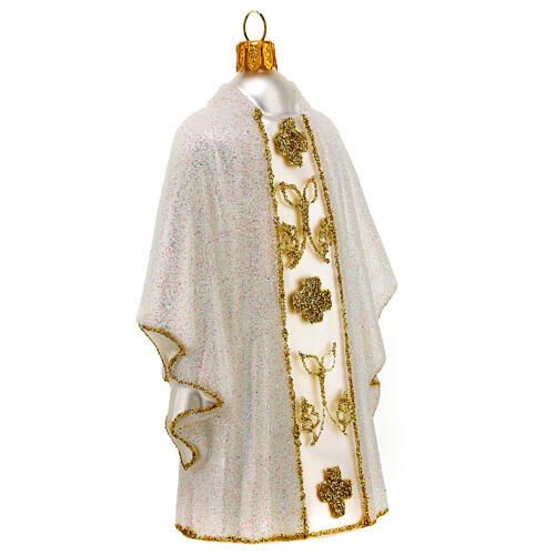 White priest chasuble, blown glass Christmas ornaments 4