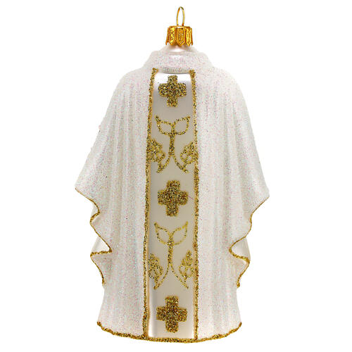 White priest chasuble, blown glass Christmas ornaments 6