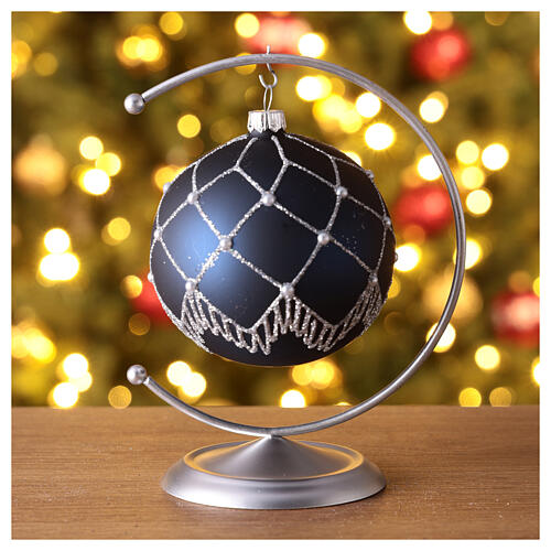 Blue Christmas ball with silver lines, blown glass and glitter, 100 mm 2