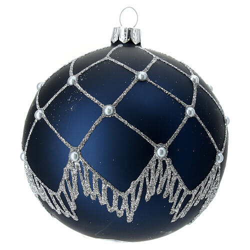Blue Christmas ball with silver lines, blown glass and glitter, 100 mm 3