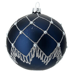 Bola de Navidad vidrio soplado azul líneas plata 100 mm