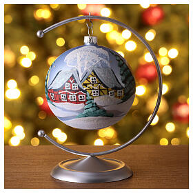 Light blue Christmas ball with snowy landscape, blown glass, 100 mm