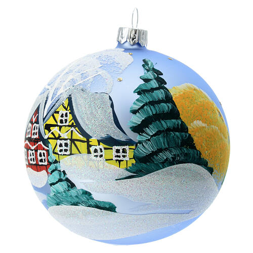 Light blue Christmas ball with snowy landscape, blown glass, 100 mm 1