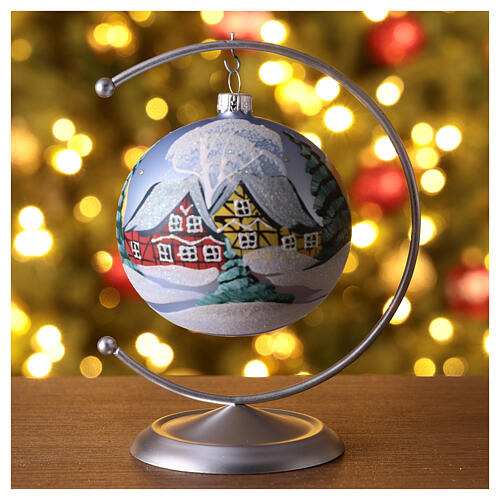 Light blue Christmas ball with snowy landscape, blown glass, 100 mm 2