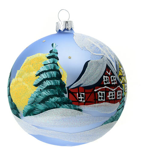 Light blue Christmas ball with snowy landscape, blown glass, 100 mm 3