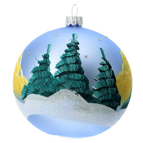 Light blue Christmas ball with snowy landscape, blown glass, 100 mm 4