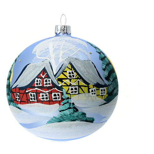Light blue Christmas ball with snowy landscape, blown glass, 100 mm 5