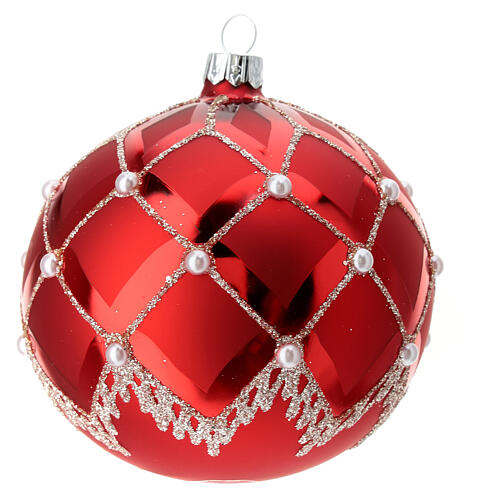 Red Christmas ball with silver lines, blown glass and glitter, 100 mm 1