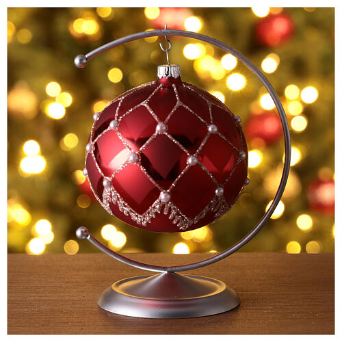 Red Christmas ball with silver lines, blown glass and glitter, 100 mm 2