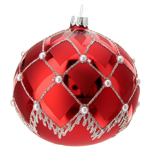 Boule de Noël verre soufflé rouge motif argenté et perles 100 mm 3