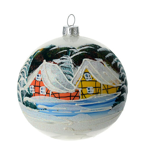 White Christmas ball with snowy landscape, blown glass, 100 mm 1