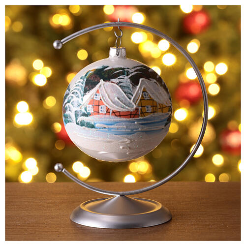 White Christmas ball with snowy landscape, blown glass, 100 mm 2