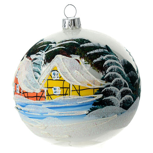 White Christmas ball with snowy landscape, blown glass, 100 mm 3