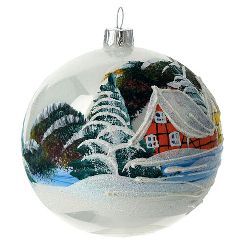 White Christmas ball with snowy landscape, blown glass, 100 mm 4