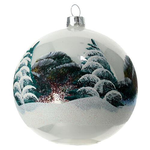 White Christmas ball with snowy landscape, blown glass, 100 mm 5