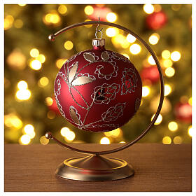Matte red Christmas ball with golden floral pattern, blown glass and glitter, 80 mm
