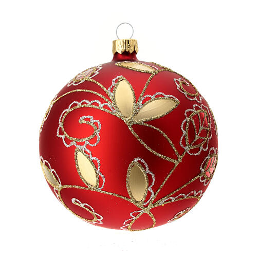 Matte red Christmas ball with golden floral pattern, blown glass and glitter, 80 mm 1