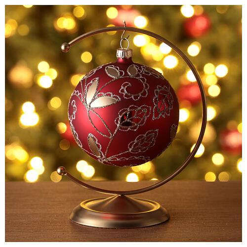 Matte red Christmas ball with golden floral pattern, blown glass and glitter, 80 mm 2