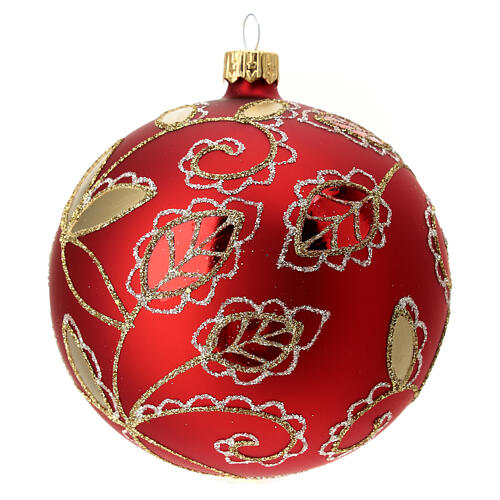 Matte red Christmas ball with golden floral pattern, blown glass and glitter, 80 mm 3