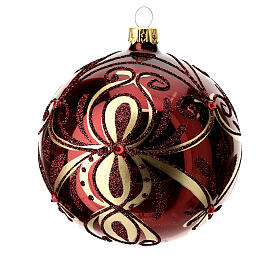 Glossy burgundy Christmas ball with red stones, blown glass, 100 mm