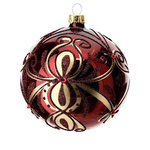 Glossy burgundy Christmas ball with red stones, blown glass, 100 mm 2