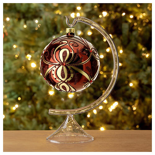 Glossy burgundy Christmas ball with red stones, blown glass, 100 mm 3