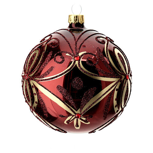 Boule de Noël verre soufflé bordeaux motif doré et pierres rouges 100 mm 5