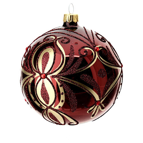 Boule de Noël verre soufflé bordeaux motif doré et pierres rouges 100 mm 8