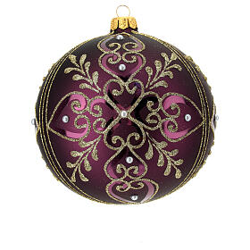 Purple Christmas ball with golden floral pattern, blown glass, 120 mm