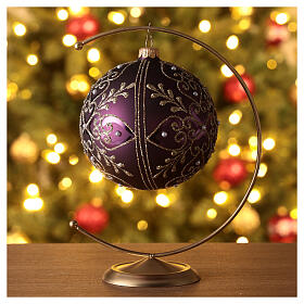 Purple Christmas ball with golden floral pattern, blown glass, 120 mm