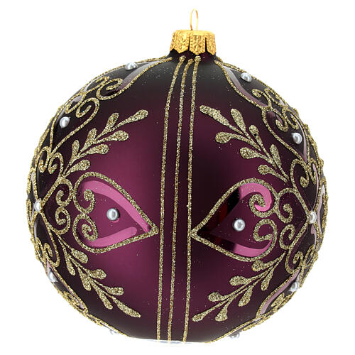 Bola vidro soprado árvore de Natal roxa motivos florais dourados com glitter 120 mm 3