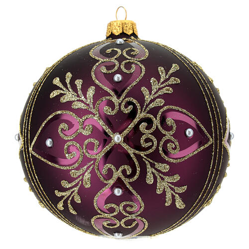Bola vidro soprado árvore de Natal roxa motivos florais dourados com glitter 120 mm 4