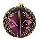 Bola vidro soprado árvore de Natal roxa motivos florais dourados com glitter 120 mm s3