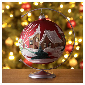 Matte red Christmas ball with snowy houses, blown glass, 150 mm
