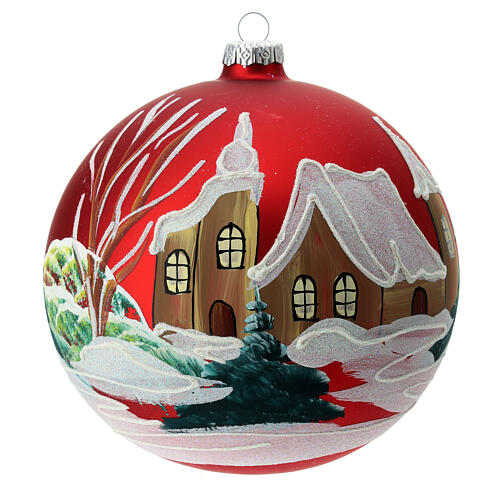 Matte red Christmas ball with snowy houses, blown glass, 150 mm 1