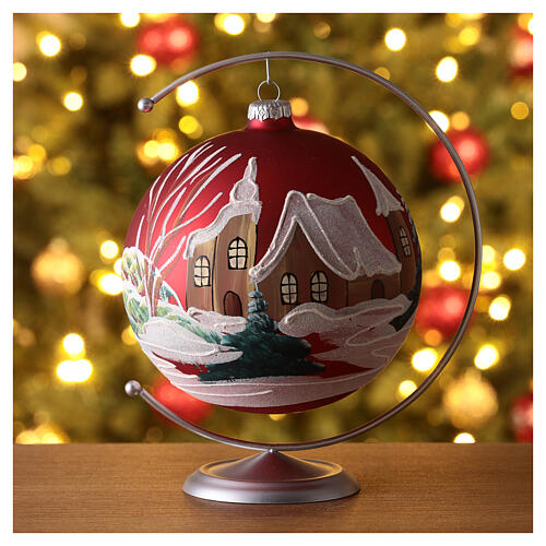 Matte red Christmas ball with snowy houses, blown glass, 150 mm 2