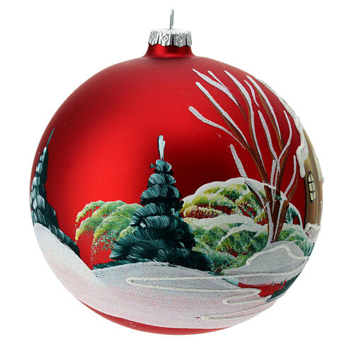 Matte red Christmas ball with snowy houses, blown glass, 150 mm 3