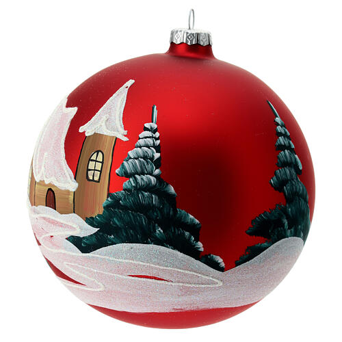 Matte red Christmas ball with snowy houses, blown glass, 150 mm 4