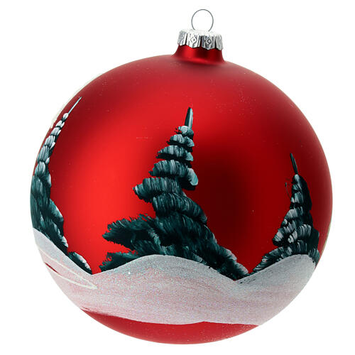 Matte red Christmas ball with snowy houses, blown glass, 150 mm 5