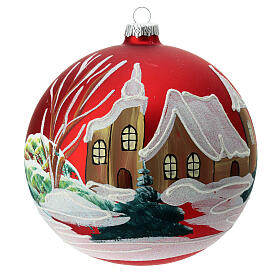 Red glass Christmas ball with snowy houses 150mm