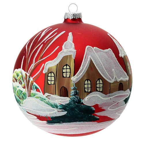 Red glass Christmas ball with snowy houses 150mm 1