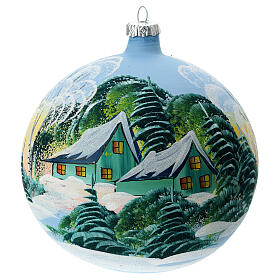 Light blue Christmas ball with snowy green houses, blown glass, 150 mm