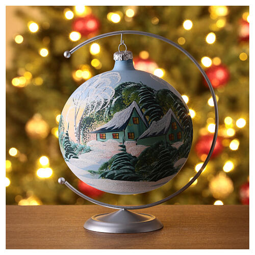 Light blue Christmas ball with snowy green houses, blown glass, 150 mm 2